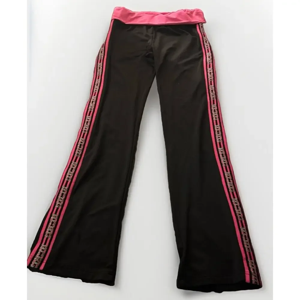 Y2K BCBG Maxazria Foldover Yoga Pants With Glitter Logo, Black & Pink Vintsge M
